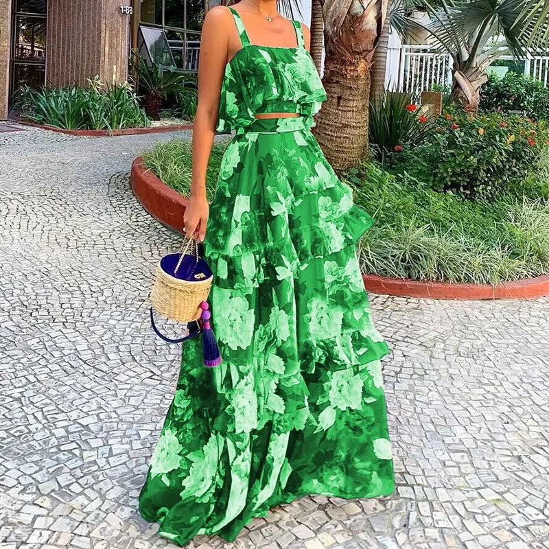 Elegant Slimming Sleeveless Cami Top and Ruffle Hem Long Skirt Set
