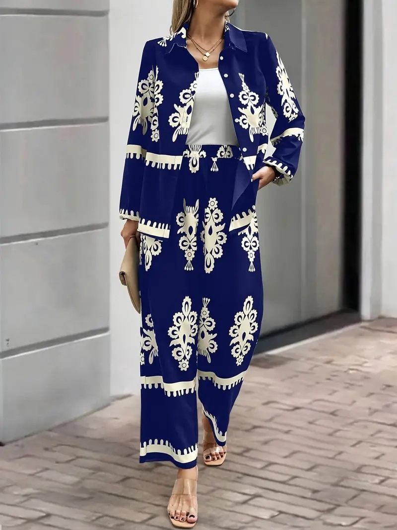 Geometric Print Long Sleeve Shirt & Wide-Leg Pants Two-Piece Set