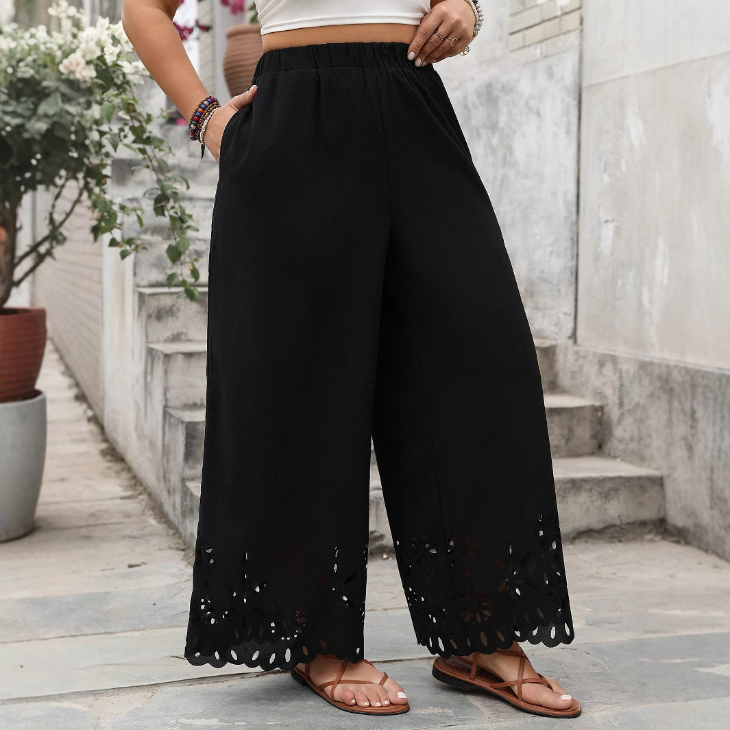 Women's Loose Wide-Leg Pants Plus Size Hollow Hem Black