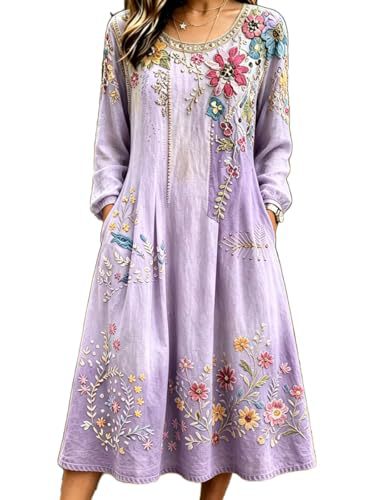 Women's Bohemian Floral Print Pleated Long Sleeve Midi Dress