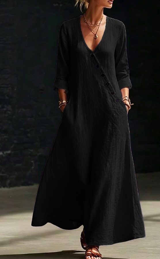 Asymmetric Button V-Neck Midi Dress with Rolled Cuffs and Side Pockets