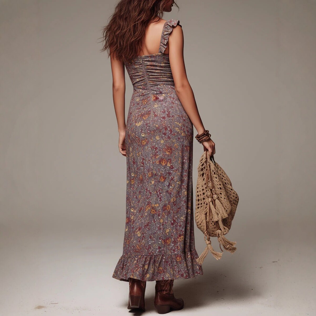 Bohemian Floral Print High Slit Long Dress with Square Neck and Cinched Waist