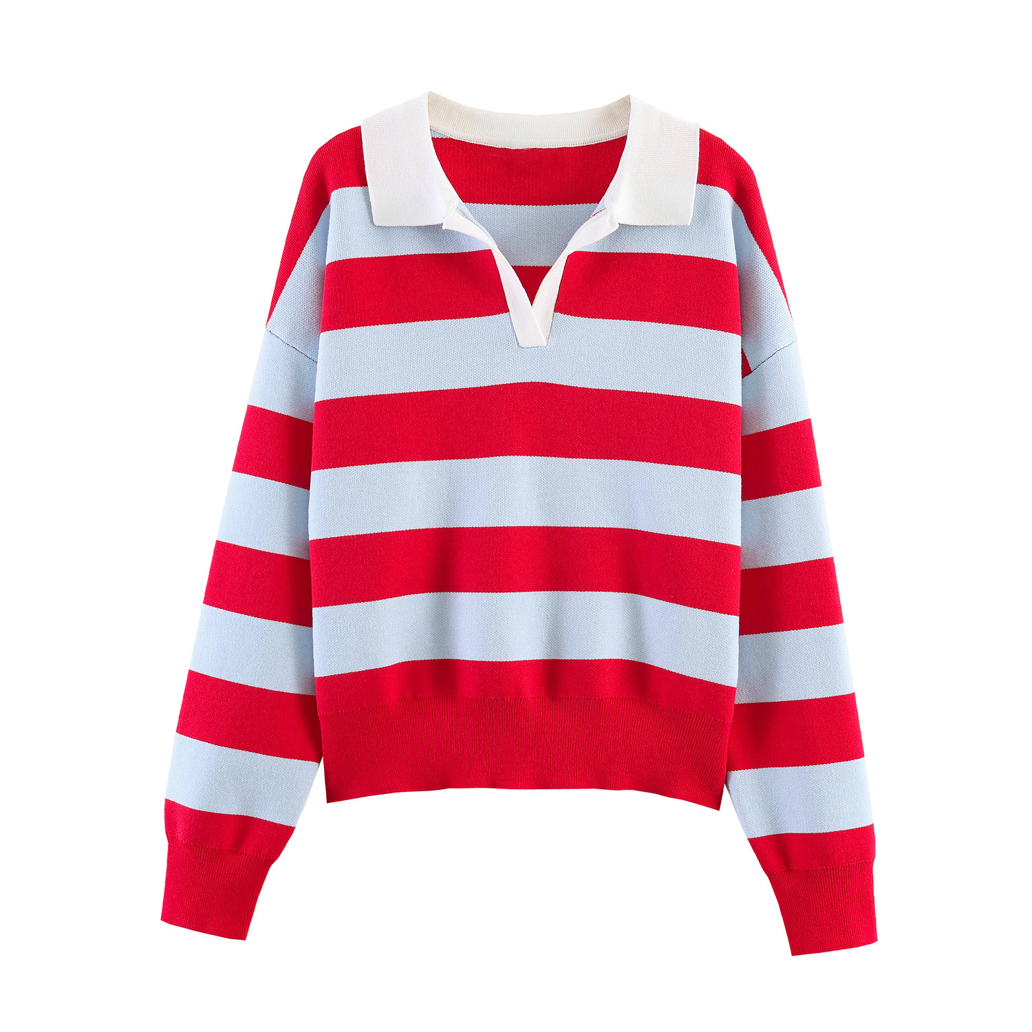Women's Casual Loose Striped Polo Shirt Long Sleeve
