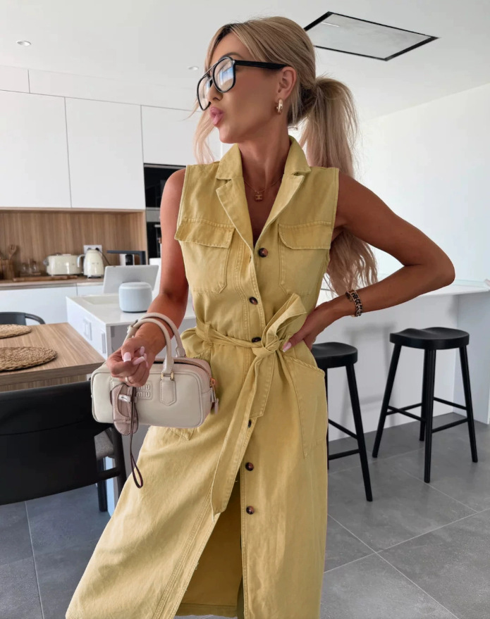 Sleeveless Long Belted Single-Breasted Denim Dress