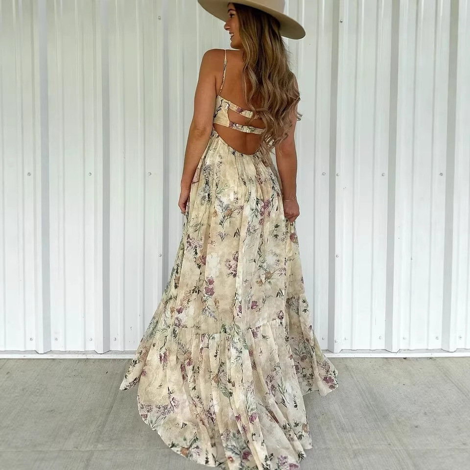 Women's Strapless Floral Print Maxi Dress High Waist Vacation