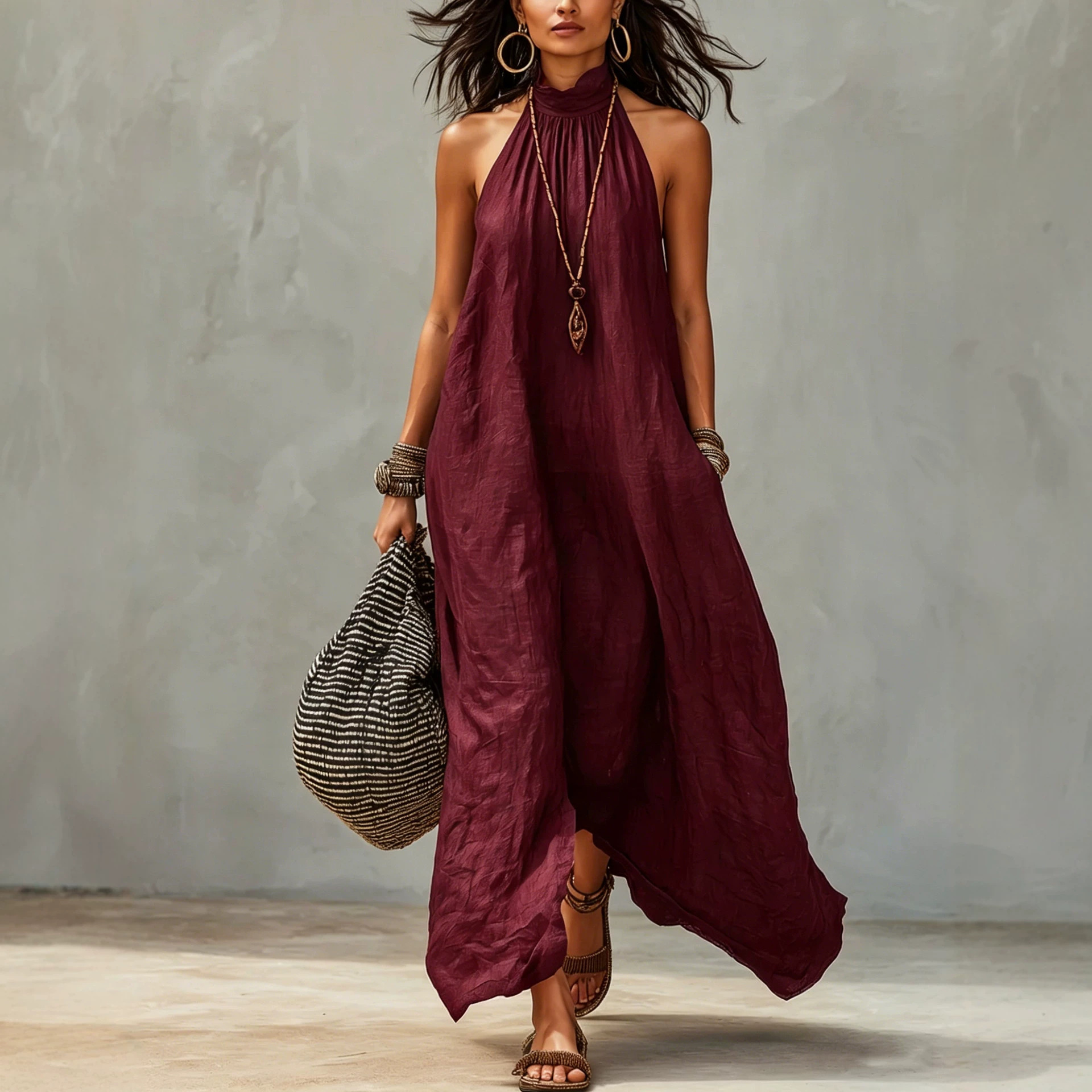 Women's Halter Neck Backless Pleated Boho Maxi Dress