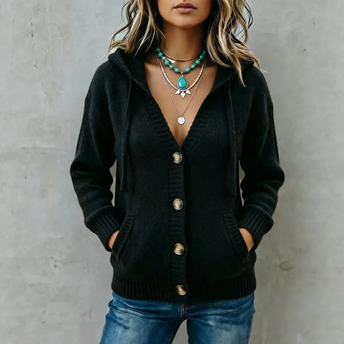 Women's Button Hooded Knit Cardigan Sweater