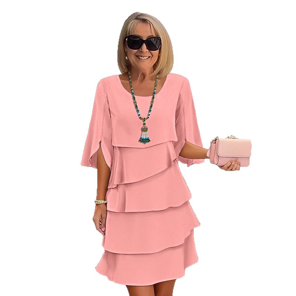 Women's Solid Color Round Neck Tiered Midi Dress
