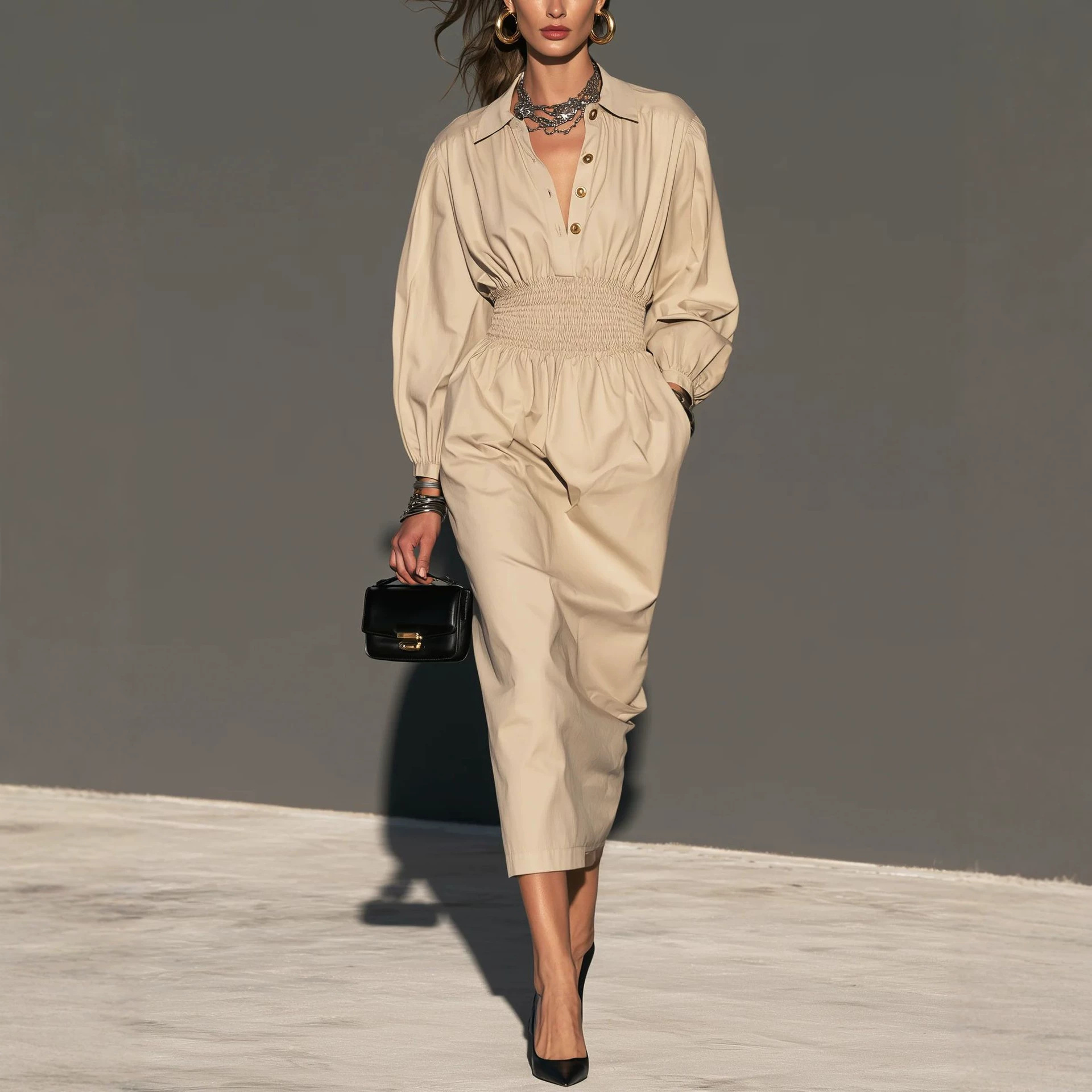 Collared Button Waist-Cinched A-Line Midi Dress