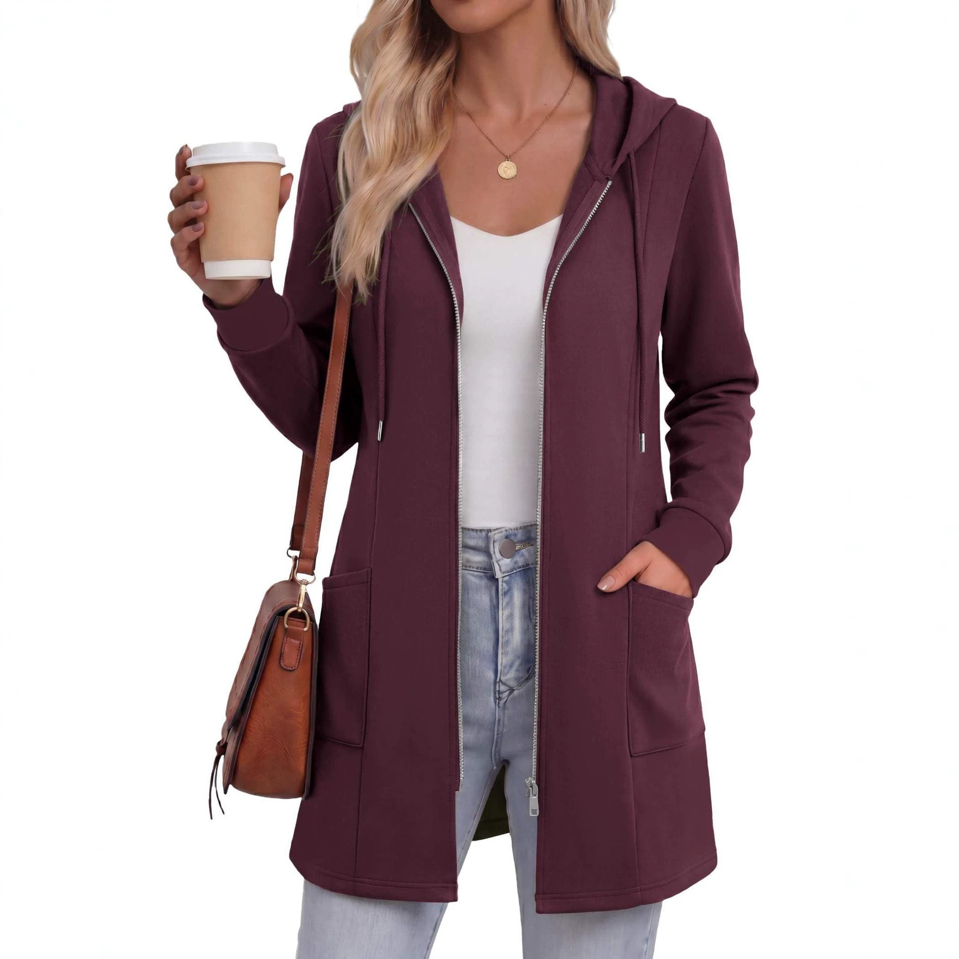 Women's Solid Color Mid-Length Zip-Up Hoodie Casual Sweatshirt Jacket