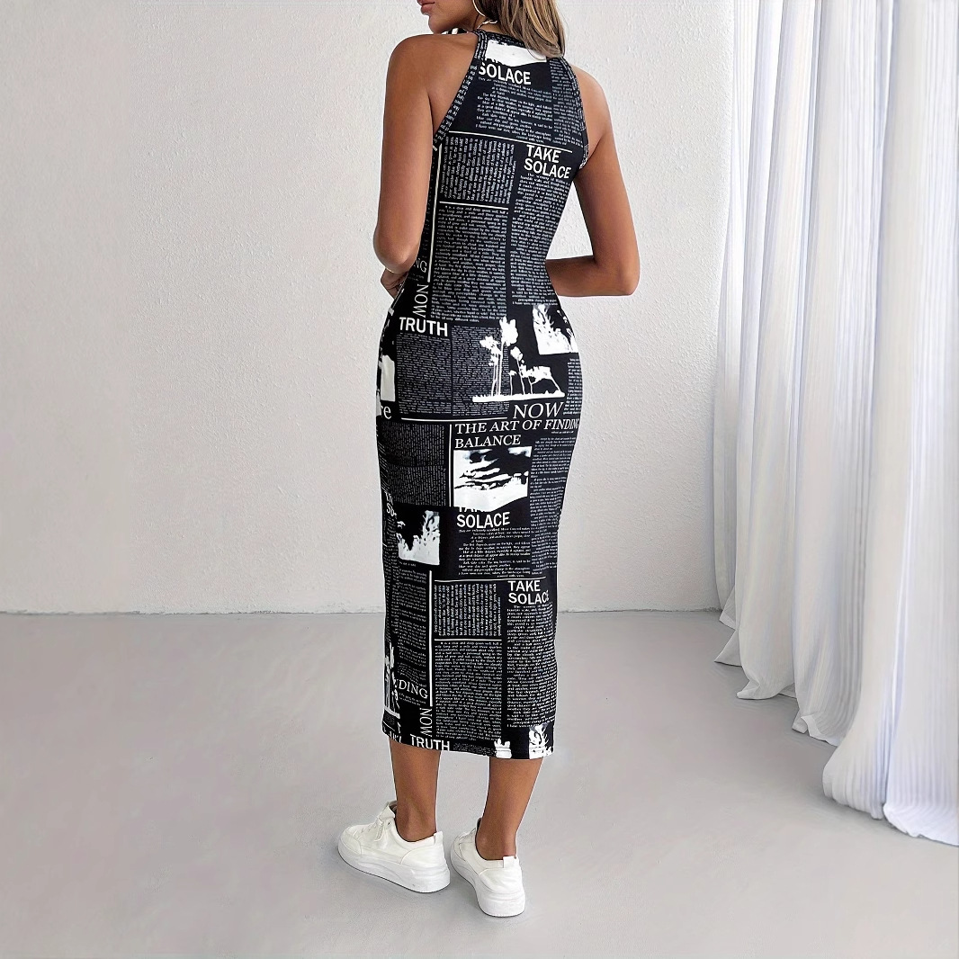 Newspaper Print Halter Bodycon Mini Dress