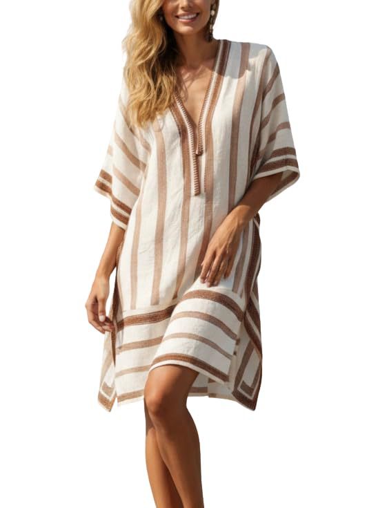 Women's Striped Floral Print Midi Dress Deep V-Neck Sleeveless Slim Fit