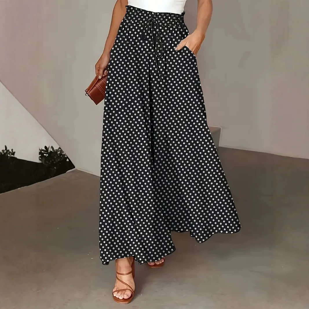 Boho Wide-Leg Polka Dot Print Elastic Waist Long Pants Skirt