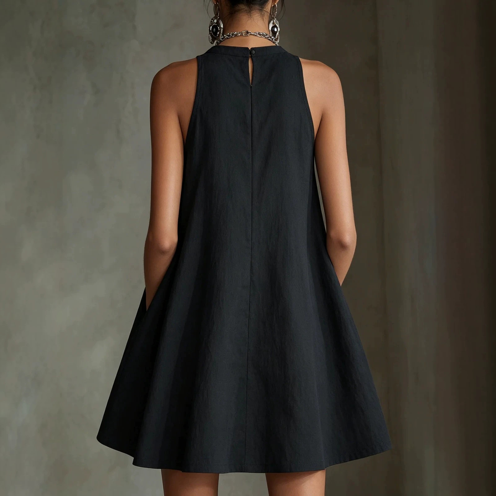 Black Halter Sleeveless Floral Embroidered A-Line Short Dress