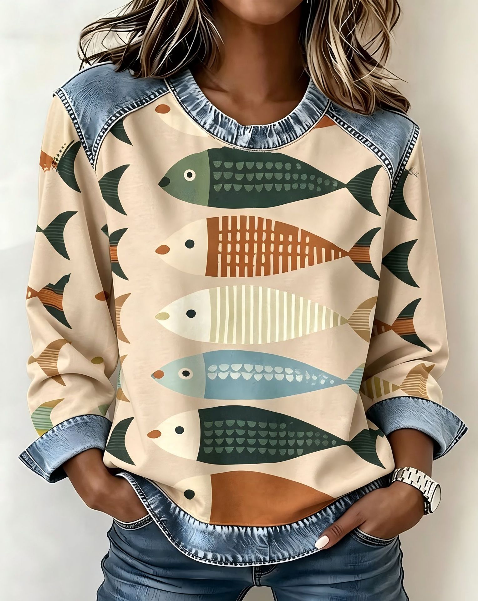 Women's Sailfish Print Casual Pullover Sweatshirt