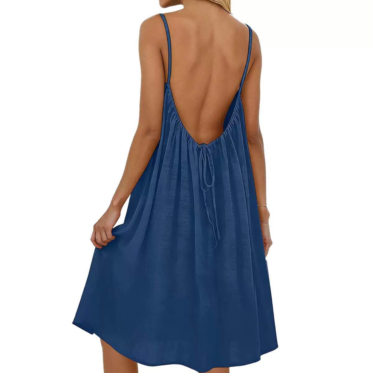 Ice Silk Pleated Open-Back Cami Dress Solid Color Beach Vacation Dress