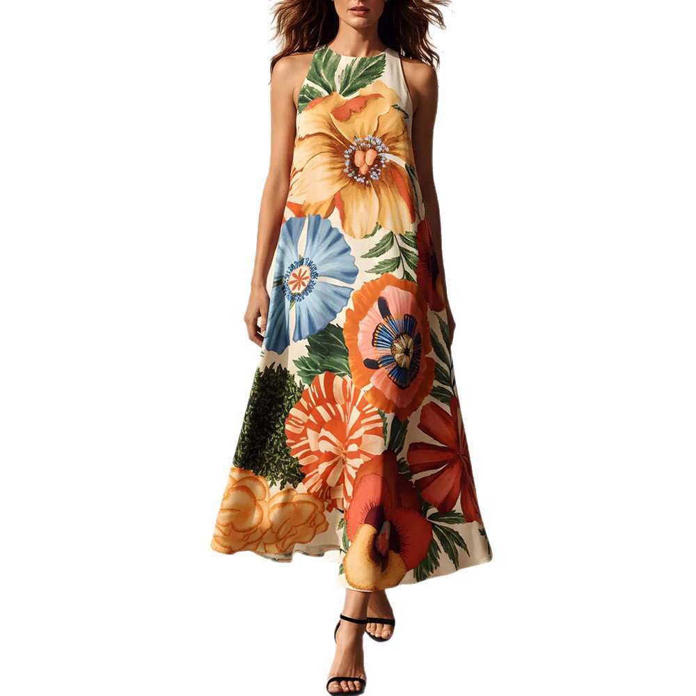 Women's Sleeveless Floral Print Midi Dress U-Neck A-Line