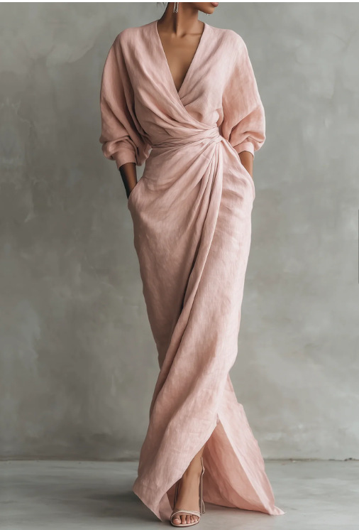 Women's Long Sleeve V-Neck Maxi Dress Solid Color Pleated A-Line Casual