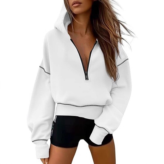 Women's Half-Zip Hooded Cropped Sweatshirt Long Sleeve