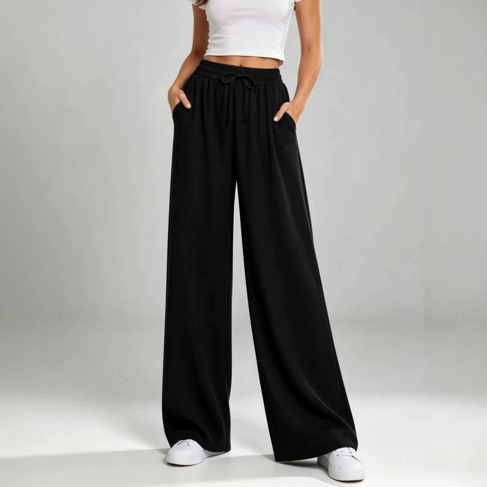 Drawstring High-Waist Straight-Leg Wide-Leg Pants for Women Solid Color