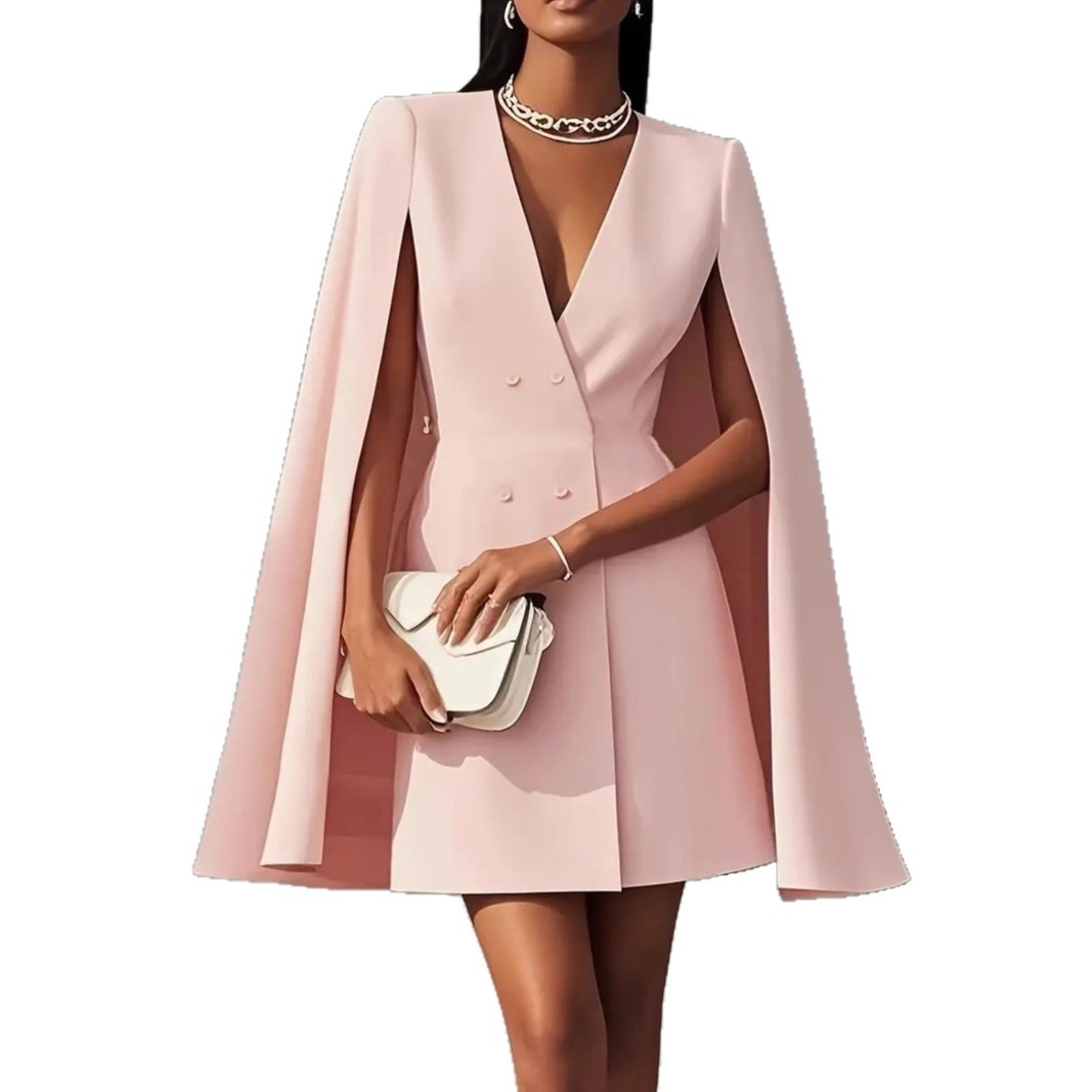 Double-Breasted Cape Blazer Dress Solid Color Long Sleeve