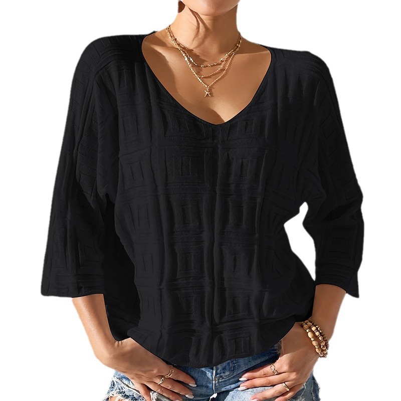 Solid V-Neck Knit Top – Loose Fit 3/4 Sleeve Lightweight Casual Pullover
