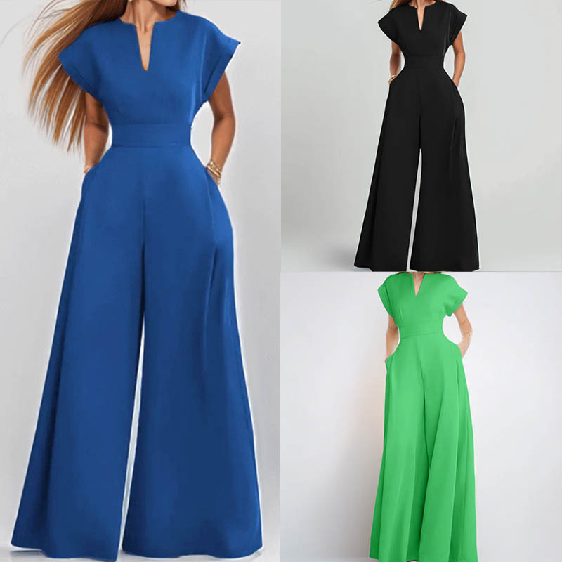 V-Neck Waist-Cinched Wide-Leg Jumpsuit