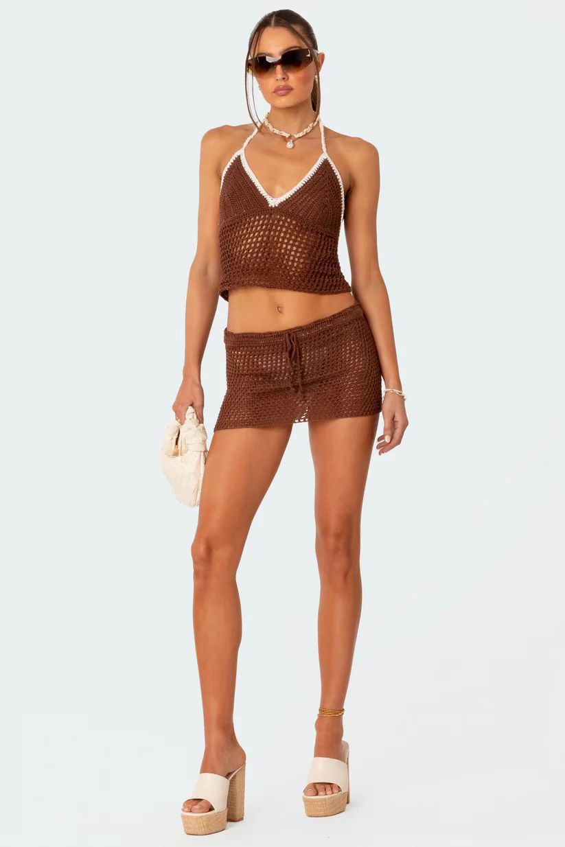 Women's Knit V-Neck Open-Back Halter Cami & Sheer Mini Skirt Sexy Two-Piece Set