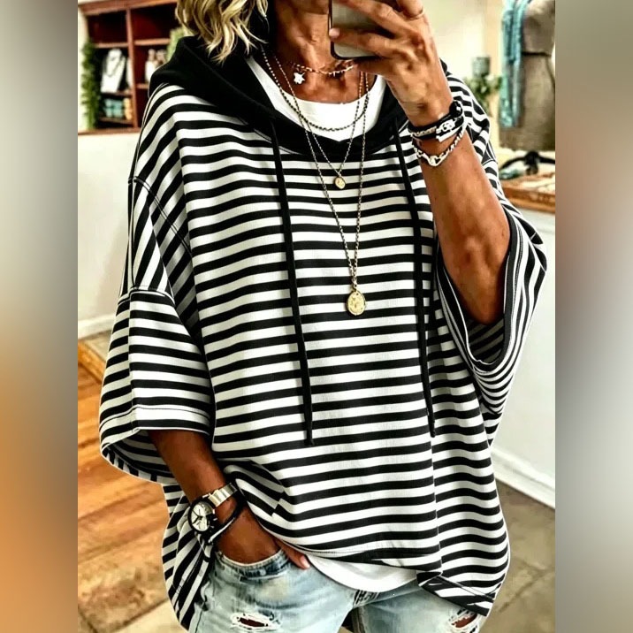Women's Striped Hooded Pullover Sweatshirt with 3/4 Sleeves