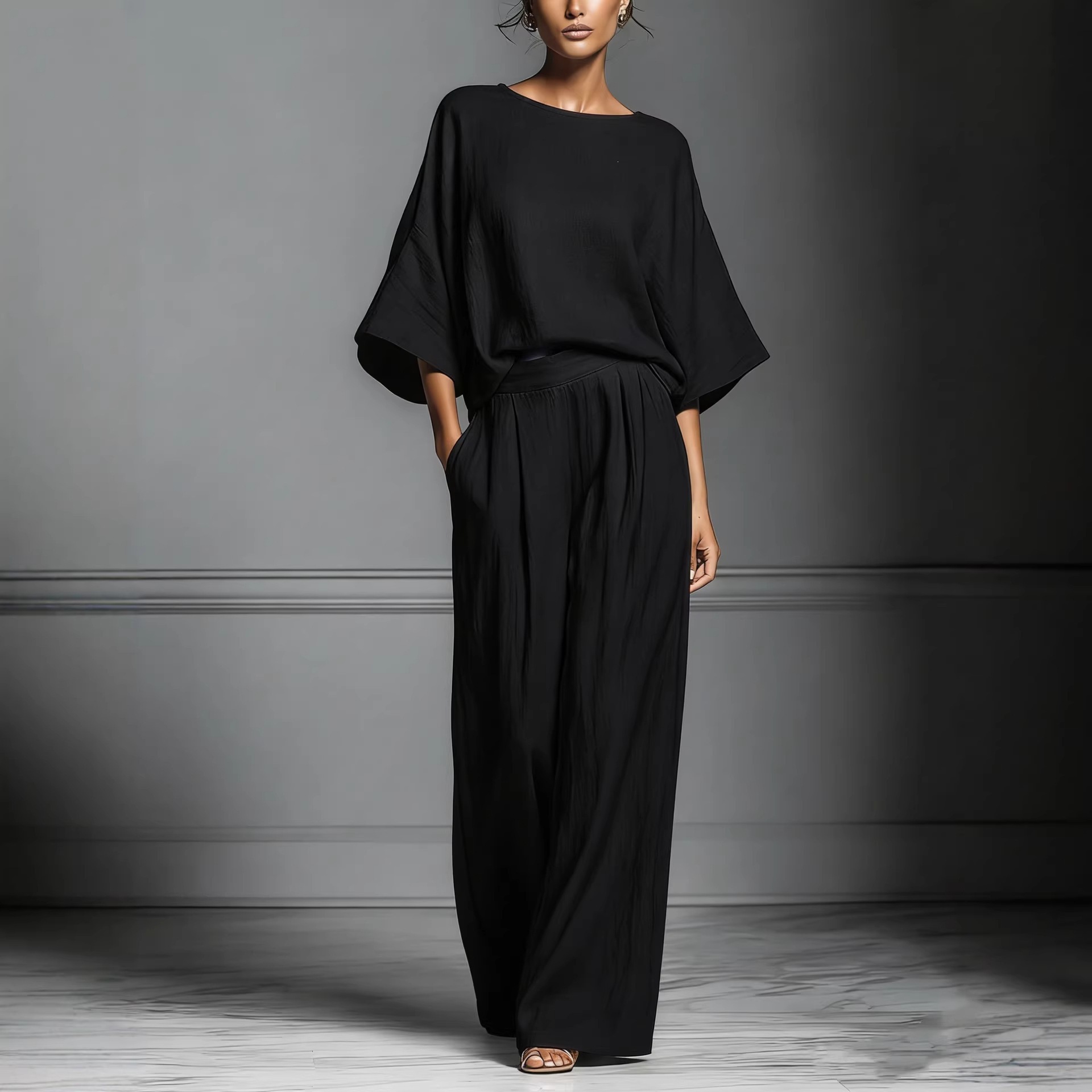 Women's Casual Flare-Sleeve Linen-Blend Two-Piece Set