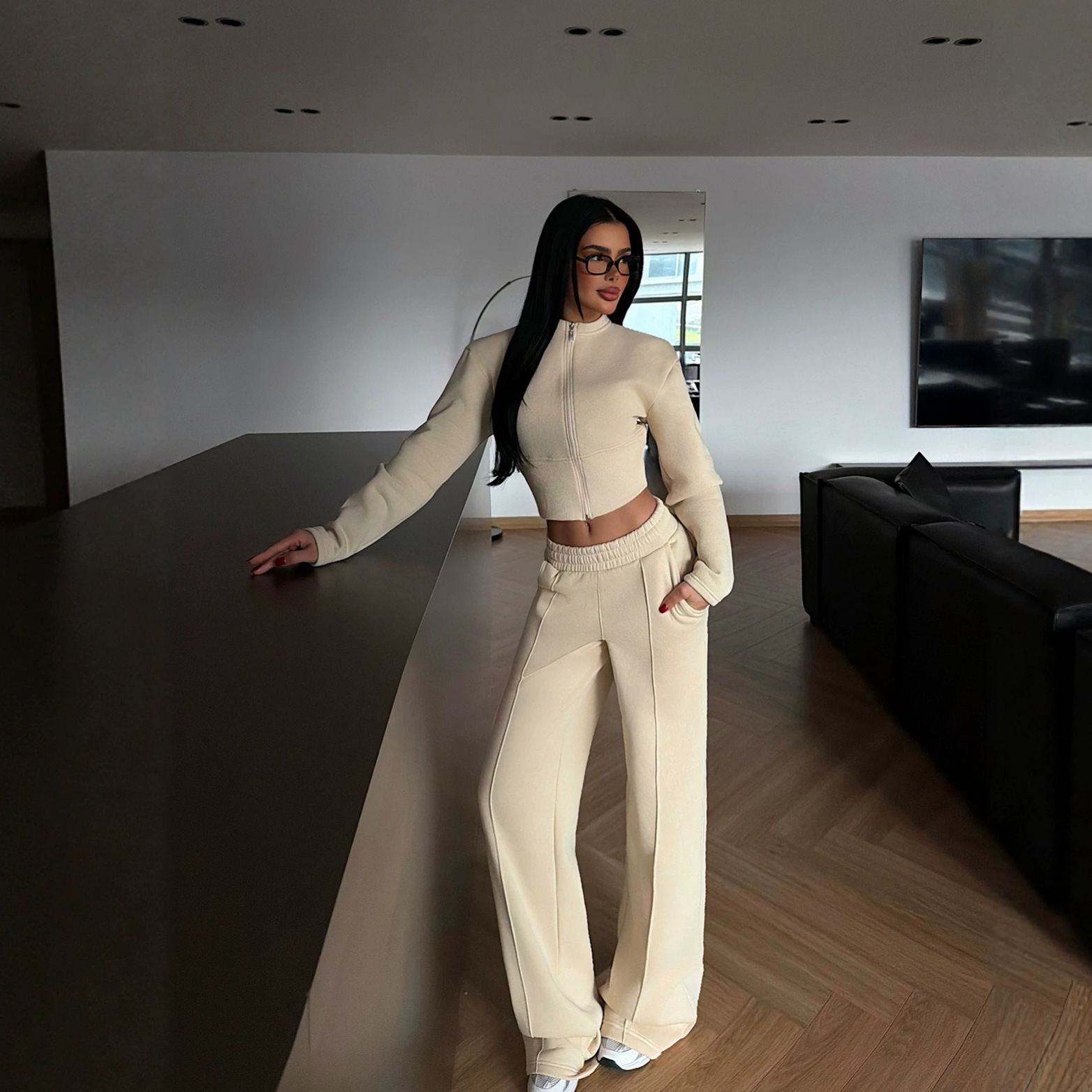 Women's Solid Zip Cardigan & Wide-Leg Pants Set Casual Knit Two-Piece
