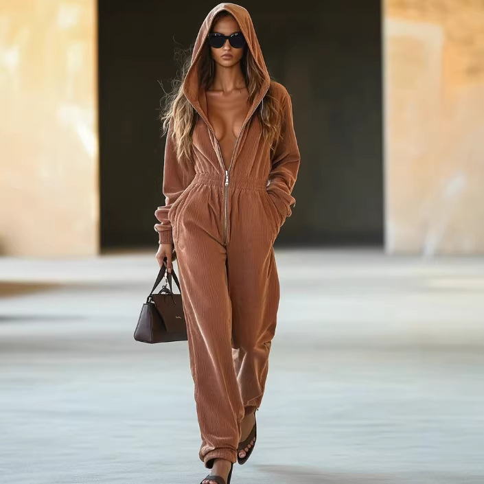Casual Loose Vintage Solid Corduroy Zip Hooded Jumpsuit with Pockets