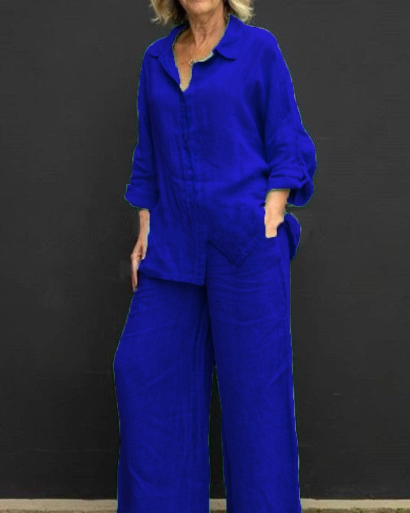 Women's Button-Down Collared Solid Color Shirt Casual Set