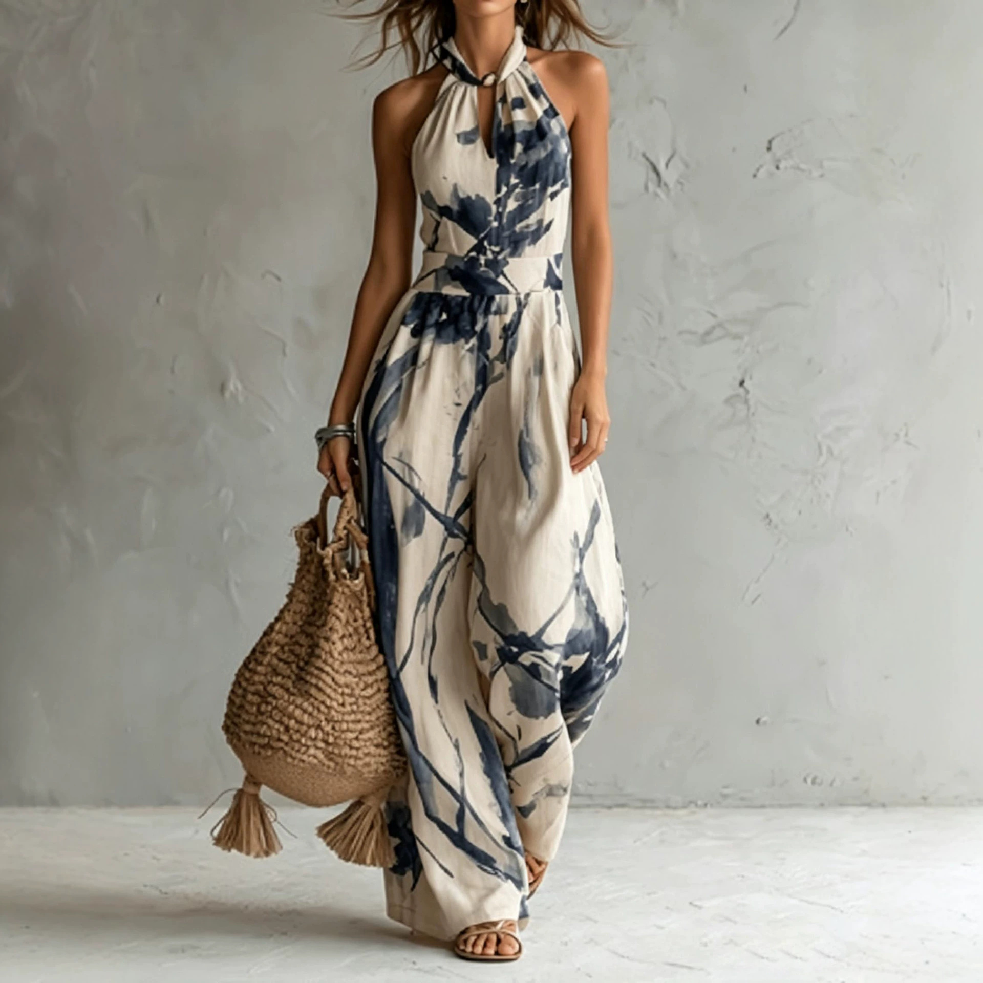 Ink Print Wide-Leg Pocket Sleeveless Halter Jumpsuit
