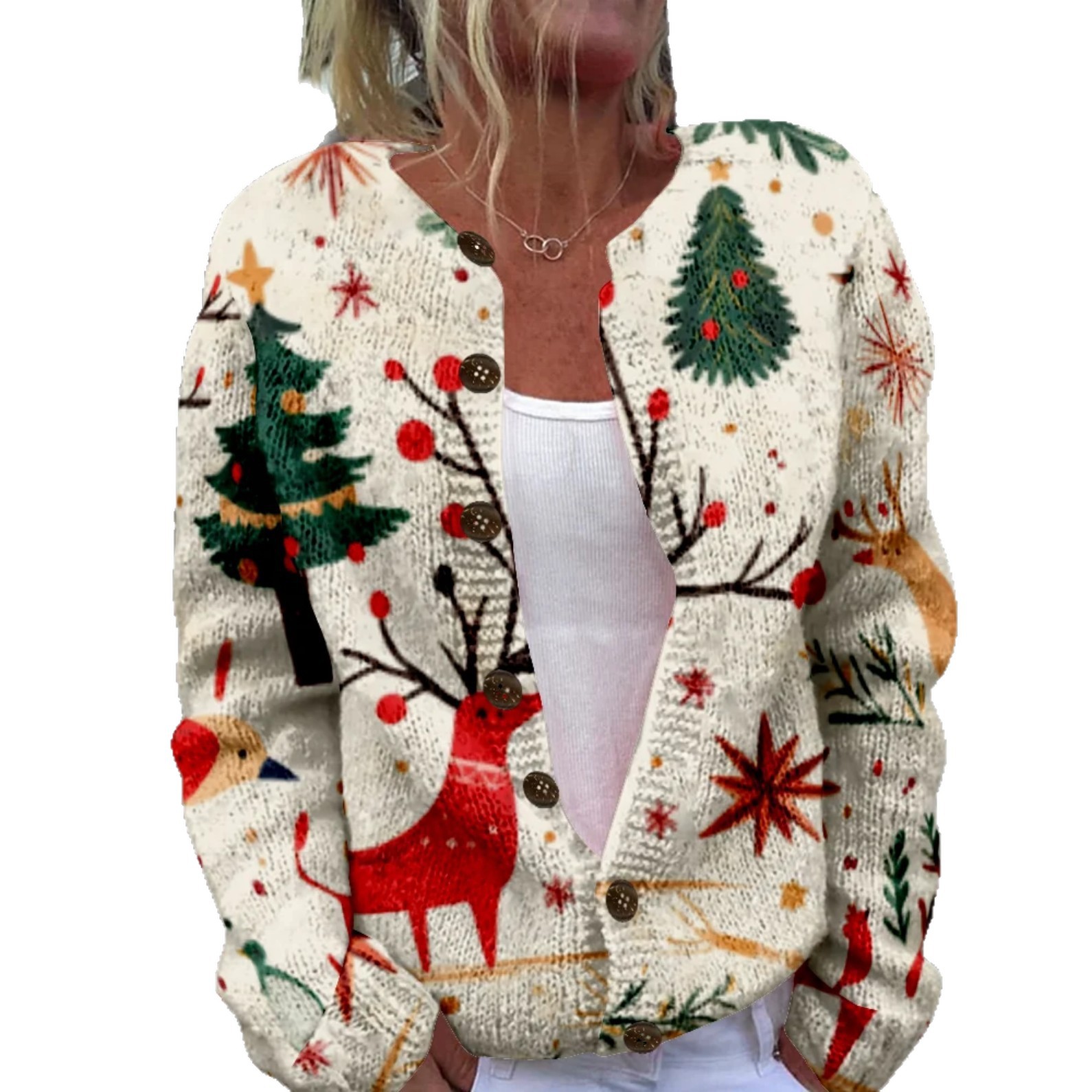 Women's Christmas Santa Print Button Cardigan Sweater