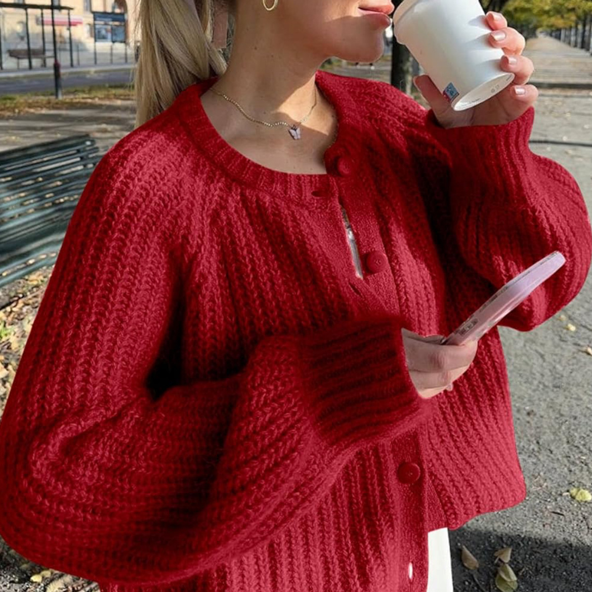 Women's Solid Knit Cardigan Crewneck Long Sleeve Sweater
