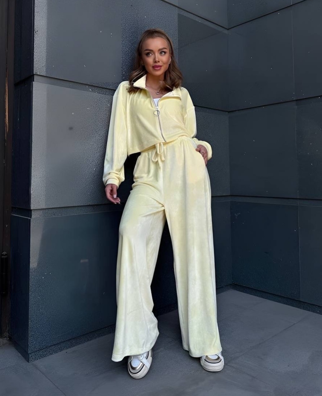 Women's Solid Color Long Sleeve Zip Cardigan & Wide Leg Pants Two-Piece Set