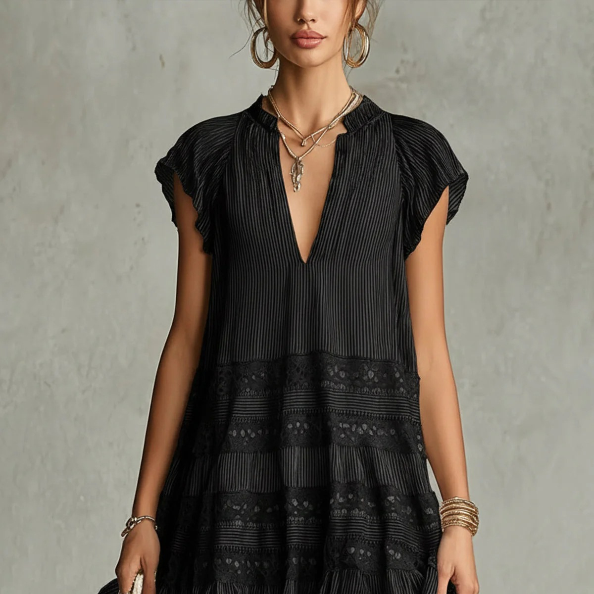 Black Striped Lace V-Neck Short Sleeve Dress