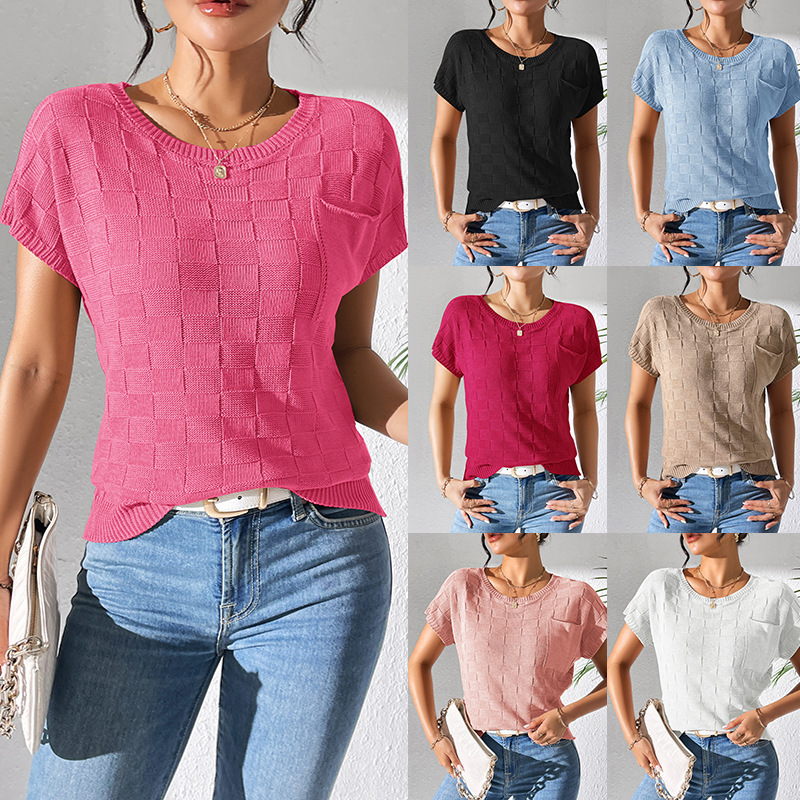 Women's Loose Knit Short Sleeve T-Shirt Solid Color Crew Neck Casual Top