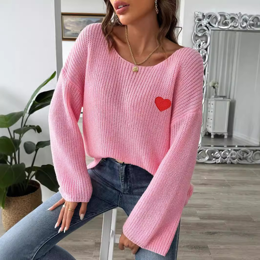 Women's Off-Shoulder Bell Sleeve Heart Embroidered Pullover Sweater