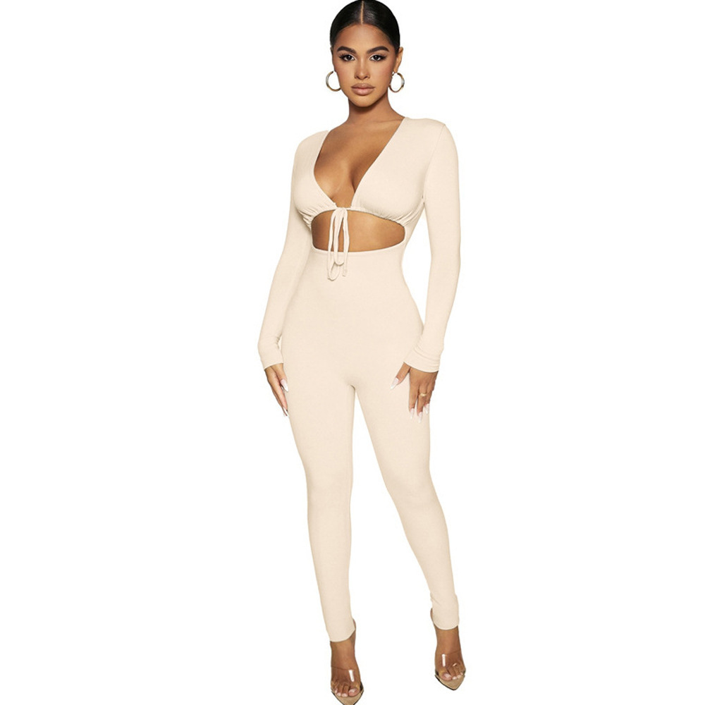 Women's Sexy Cutout Lace-Up Long Sleeve Slim Jumpsuit