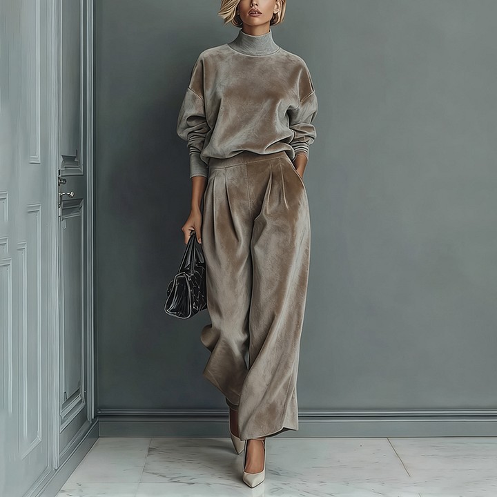 Velvet Long Sleeve Mock Neck Wide Leg Pants Two-Piece Set