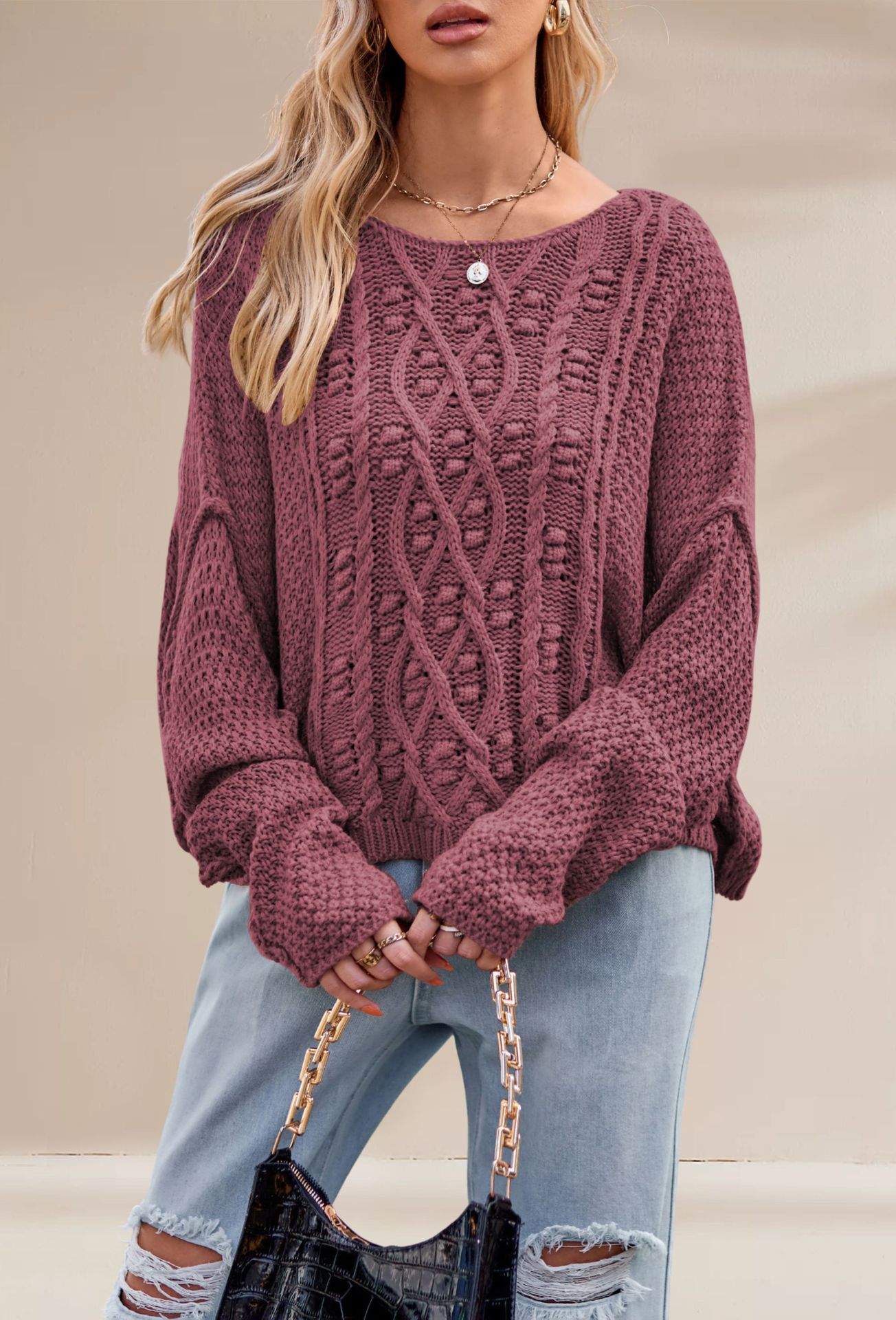 Crewneck Cable Knit Loose Solid Color Sweater for Women