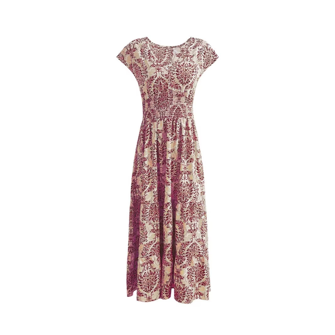 Vintage Geometric Print V-Neck Short Sleeve A-Line Maxi Dress