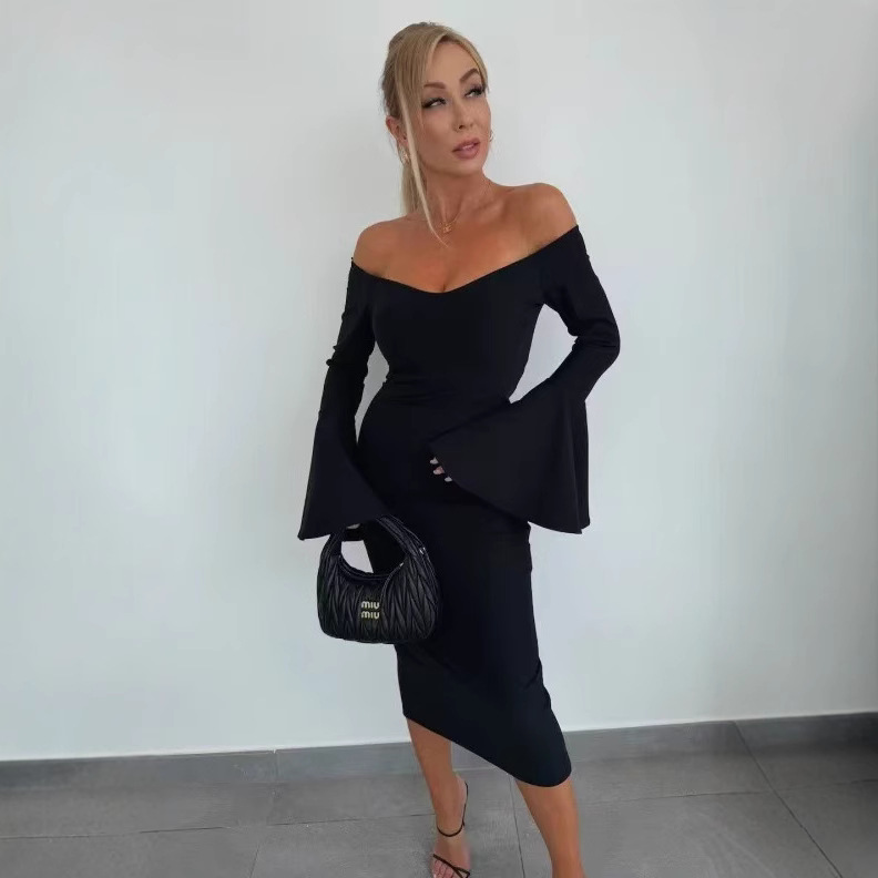 Solid Color Split Neck Trumpet Sleeve Dress