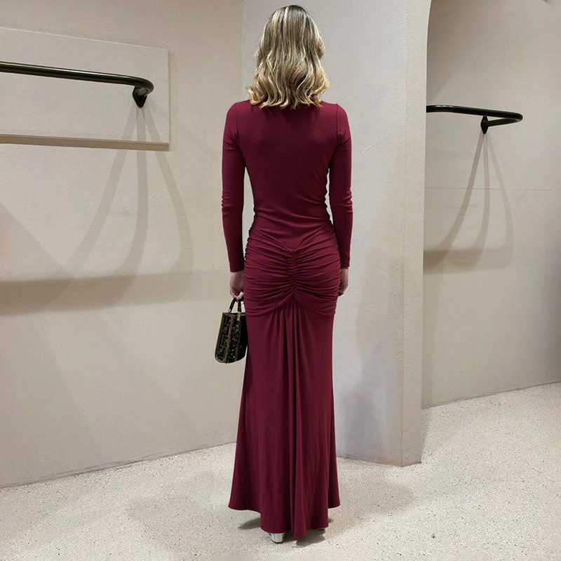 Elegant Solid Deep V-Neck Waist-Cinching Ribbon Mermaid Long Sleeve Dress
