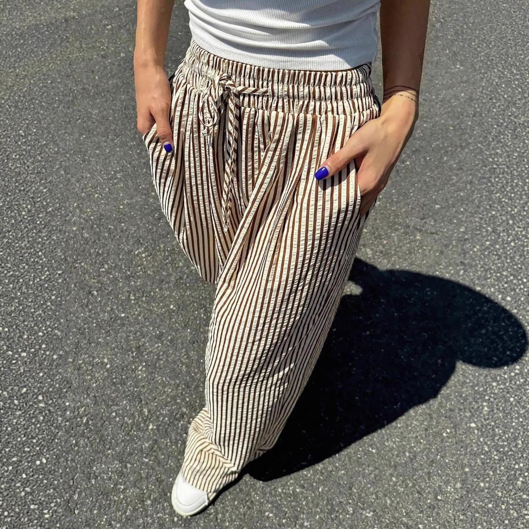 Striped Wide-Leg Drawstring Pocket Casual Straight Pants for Women
