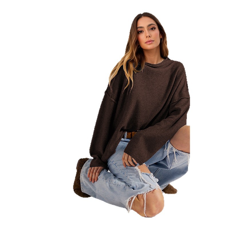 Women's Loose Solid Color Long Sleeve Side Slit Pullover Knit Sweater