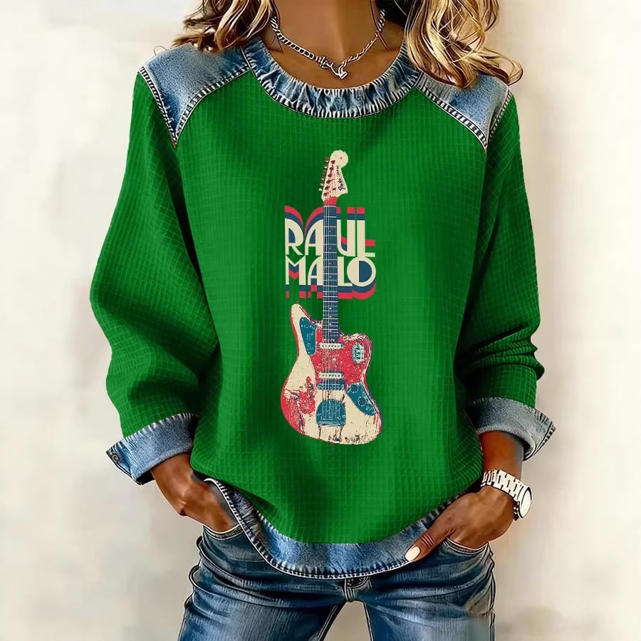 Women's Casual Crewneck Sweatshirt with 3D Digital Print Denim Splicing Waffle Knit