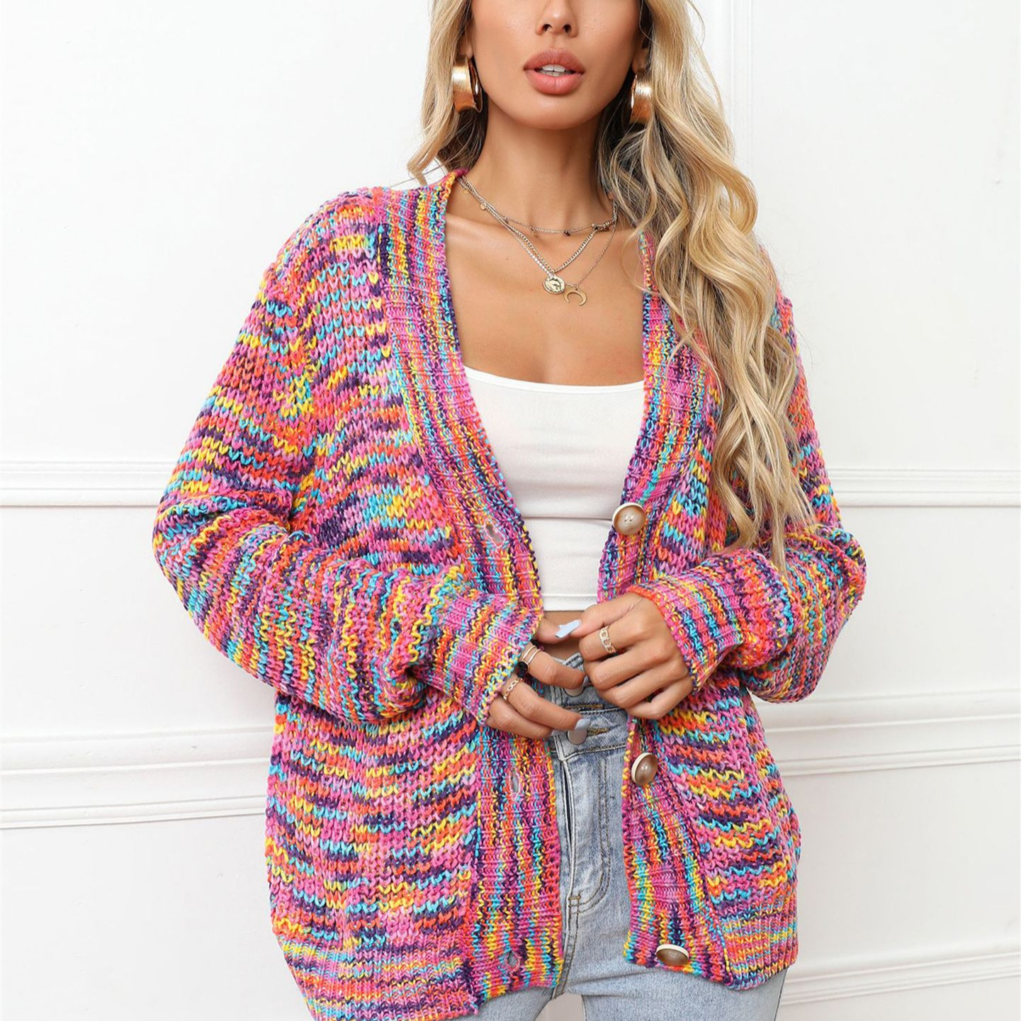 Rainbow Colorblock Short Cardigan Knit Button-Front Plus Size